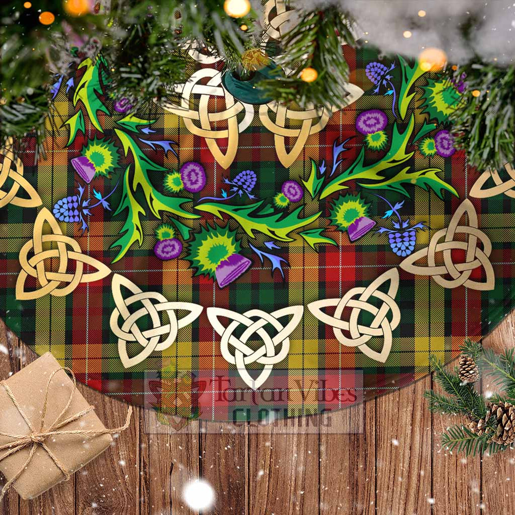 Tartan Vibes Clothing Buchanan Tartan Christmas Tree Skirt with Thistle Celtic Knot Style