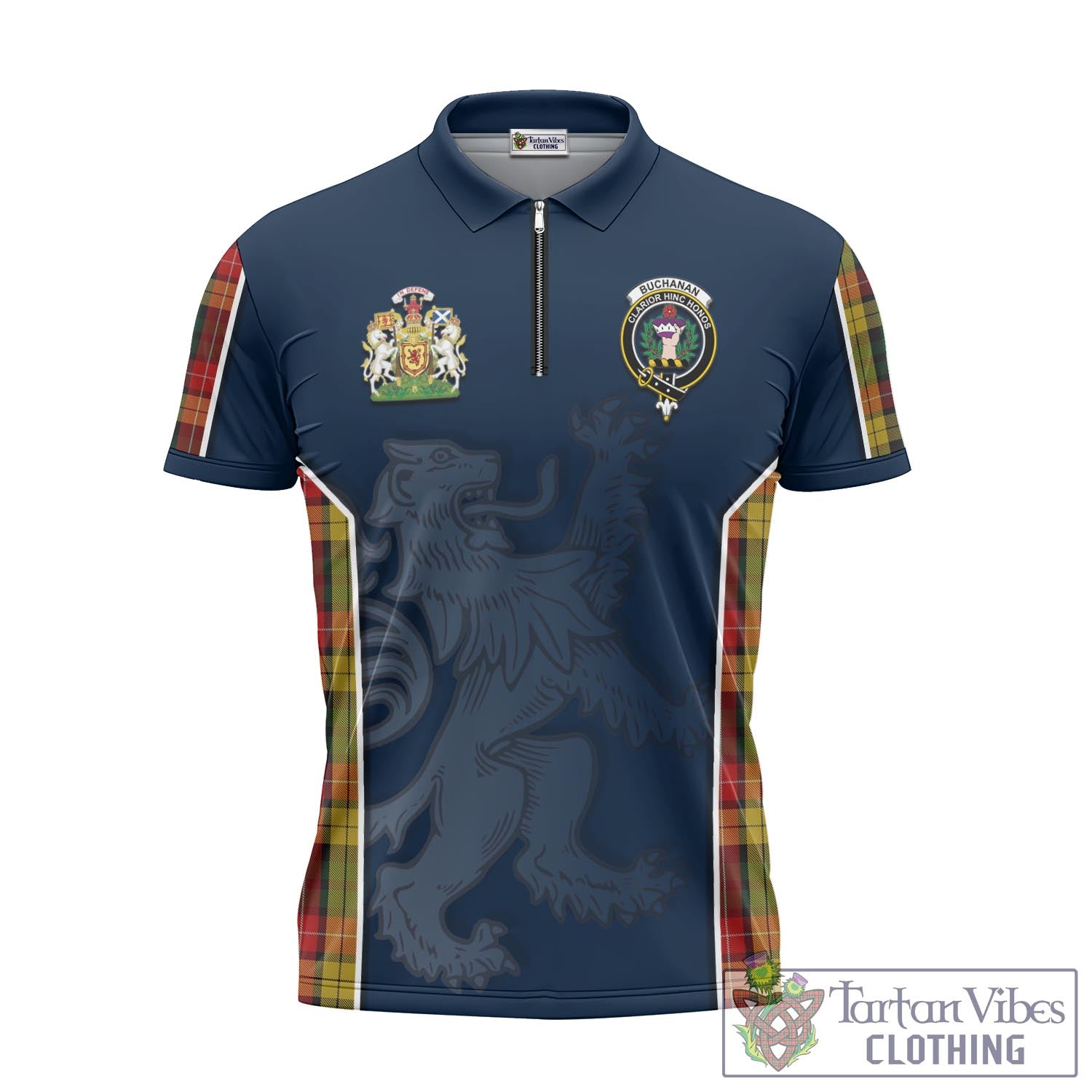 Tartan Vibes Clothing Buchanan Tartan Zipper Polo Shirt with Family Crest and Lion Rampant Vibes Sport Style