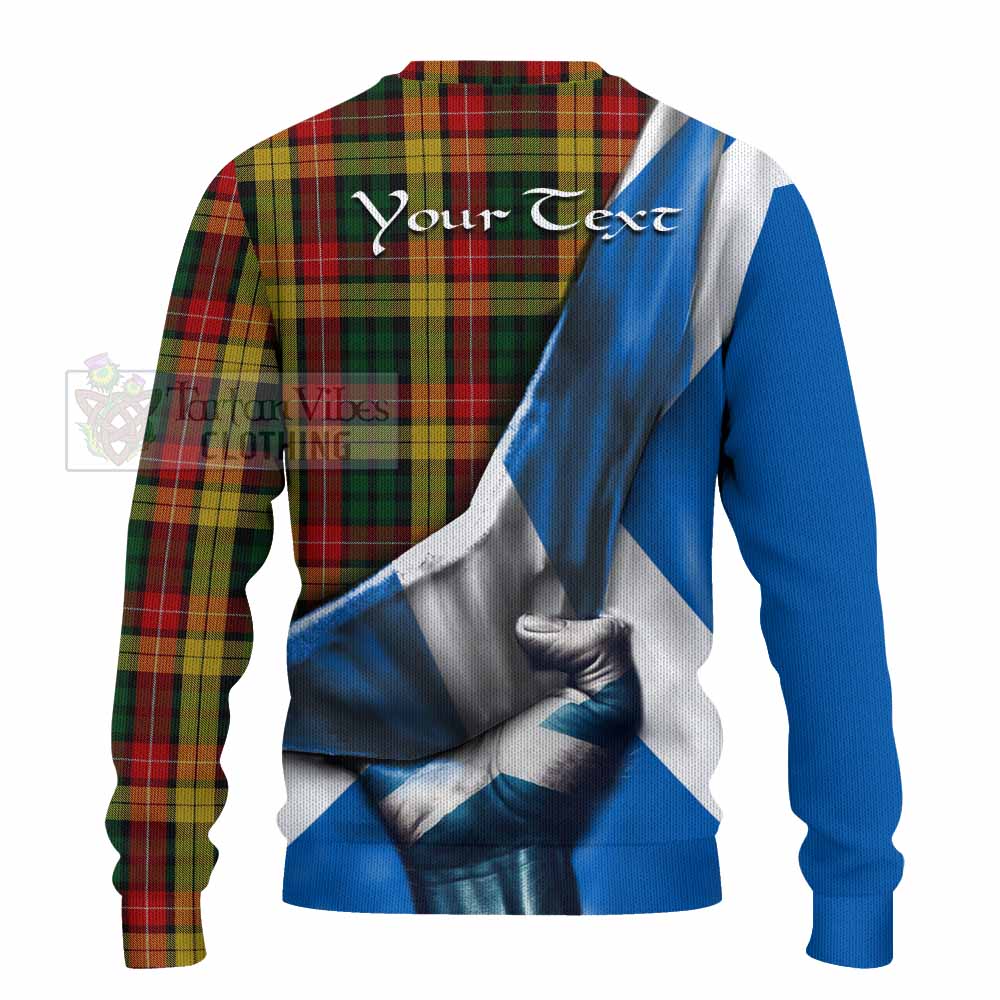 Tartan Vibes Clothing Buchanan Tartan Knitted Sweater with Family Crest Scotland Patriotic Style