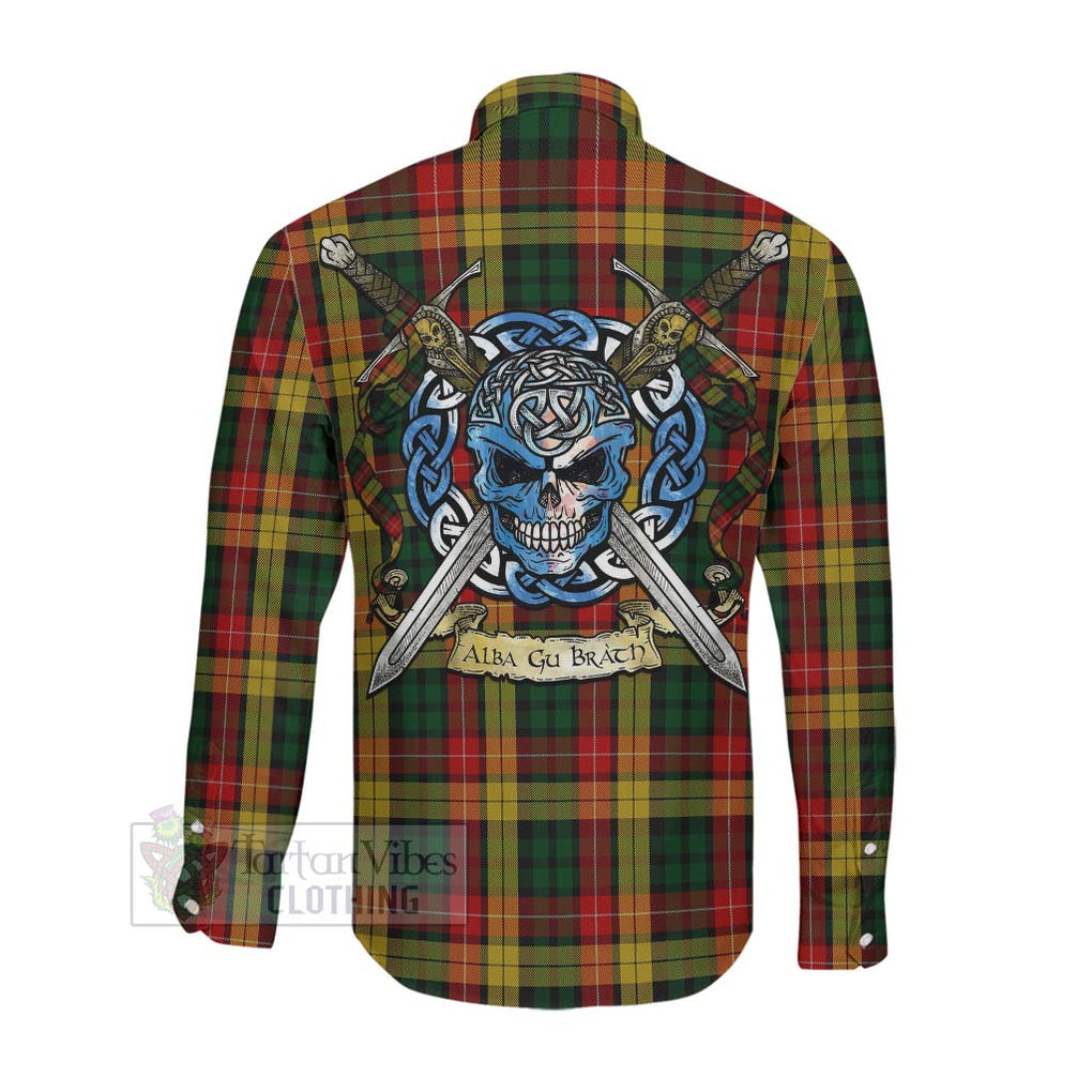 Tartan Vibes Clothing Buchanan Tartan Long Sleeve Button Shirt with Family Crest Celtic Skull Style