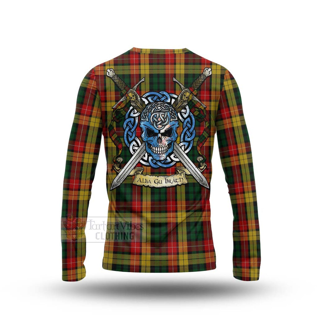 Tartan Vibes Clothing Buchanan Tartan Long Sleeve T-Shirt with Family Crest Celtic Skull Style