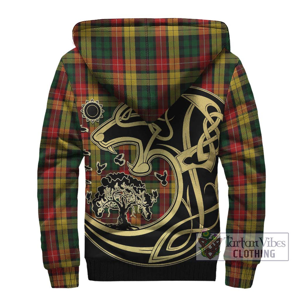 Buchanan Tartan Sherpa Hoodie with Family Crest Celtic Wolf Style - Tartan Vibes Clothing