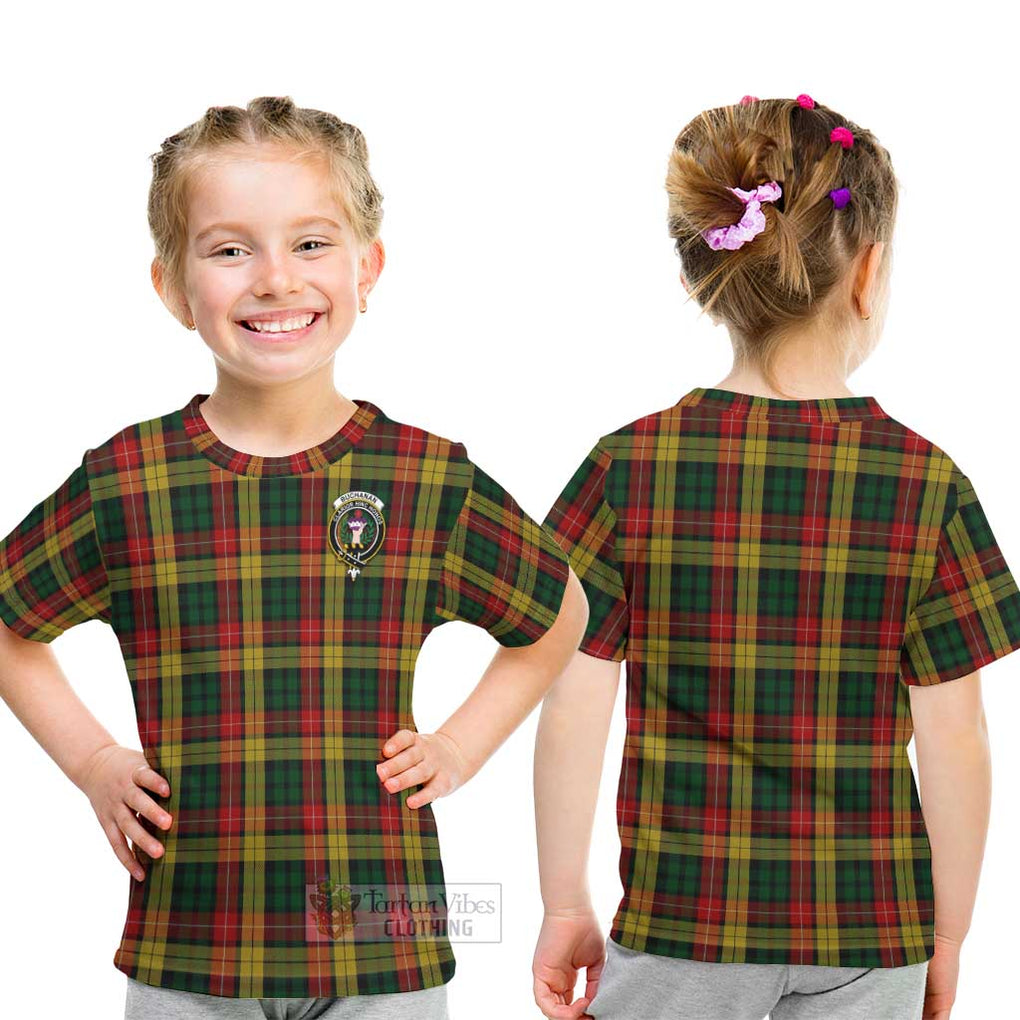 Buchanan Tartan Kid T-Shirt with Family Crest - Tartanvibesclothing Shop