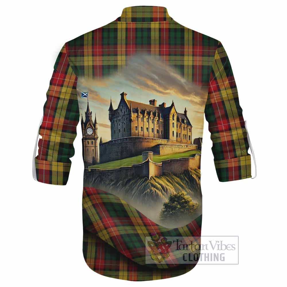 Tartan Vibes Clothing Buchanan Tartan Family Crest Ghillie Kilt Shirt with Scottish Ancient Castle Style