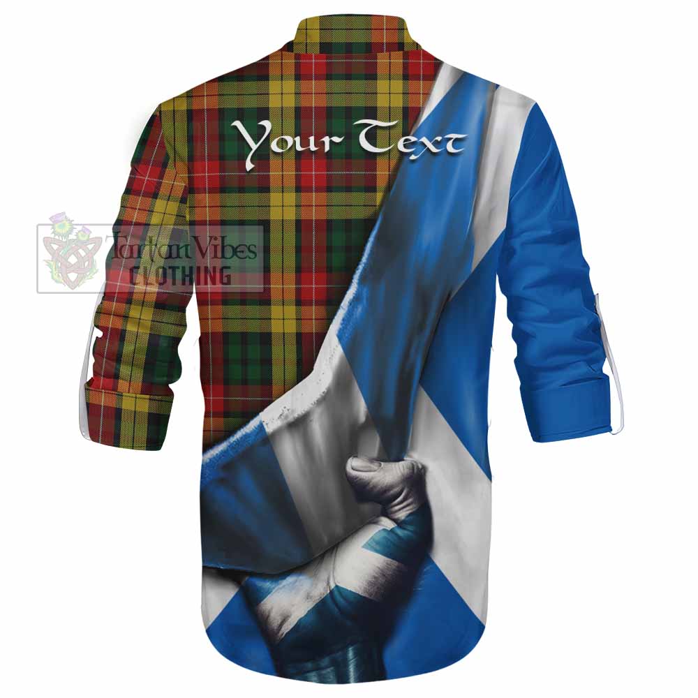 Tartan Vibes Clothing Buchanan Tartan Ghillie Kilt Shirt with Family Crest Scotland Patriotic Style