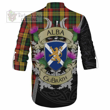 Tartan Vibes Clothing Buchanan Tartan Family Crest Ghillie Kilt Shirt Lion Rampant Royal Thistle Shield Celtic Inspired