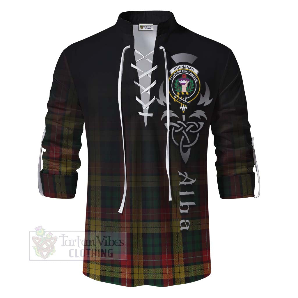 Tartan Vibes Clothing Buchanan Tartan Ghillie Kilt Shirt Featuring Alba Gu Brath Family Crest Celtic Inspired