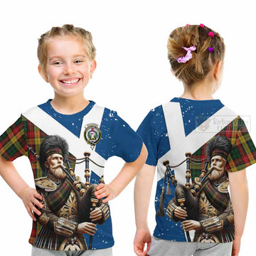 Tartan Vibes Clothing Buchanan Tartan Kid T-Shirt with Family Crest Scottish Bagpiper Vibes