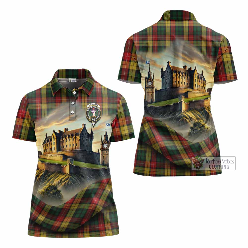 Tartan Vibes Clothing Buchanan Tartan Family Crest Women's Polo Shirt with Scottish Ancient Castle Stype