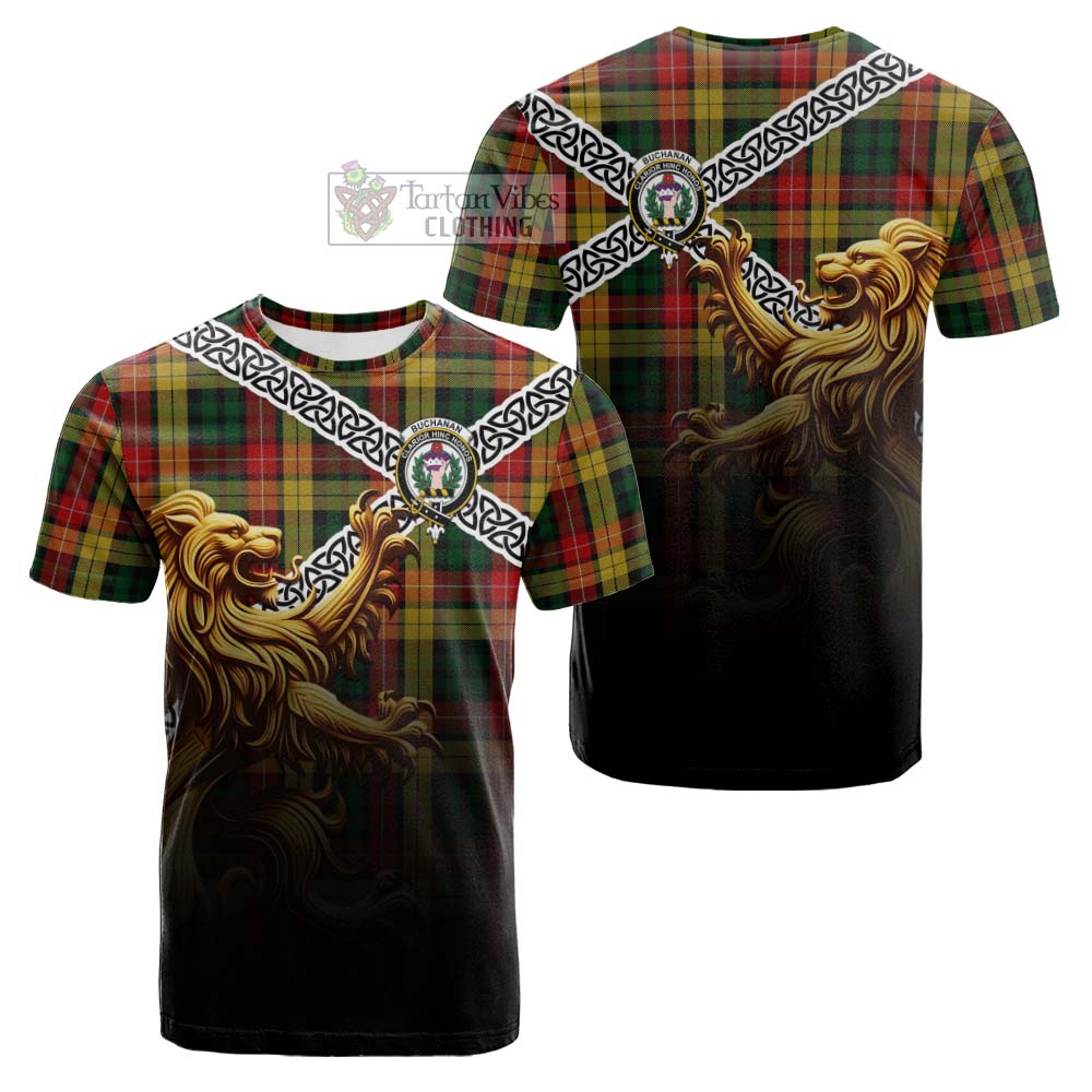 Tartan Vibes Clothing Buchanan Crest Tartan Cotton T-shirt with Golden Lion Emblem Celtic Style