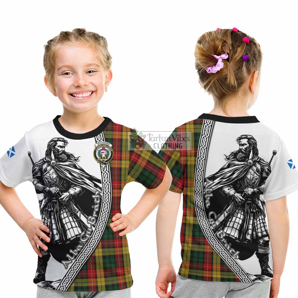 Buchanan Tartan Clan Crest Kid T-Shirt with Highlander Warrior Celtic Style