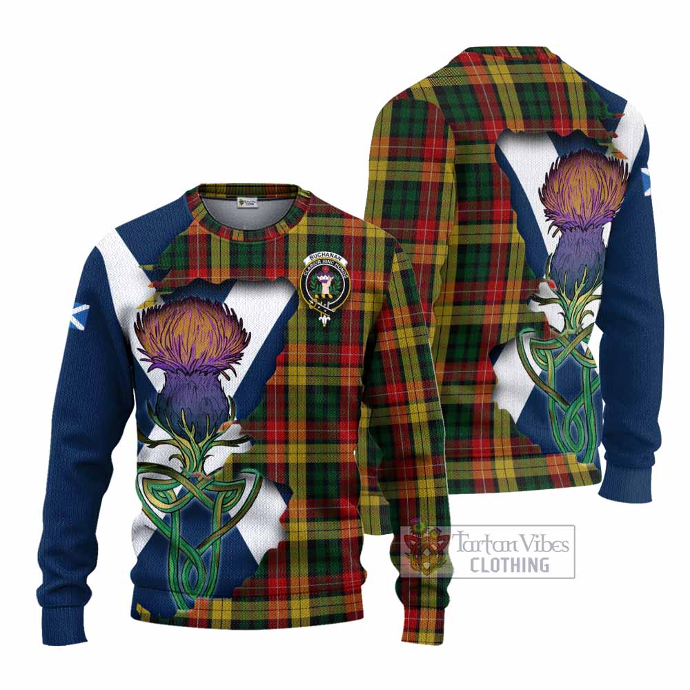 Tartan Vibes Clothing Buchanan Tartan Family Crest Knitted Sweater Scottish Thistle Celtic Inspired