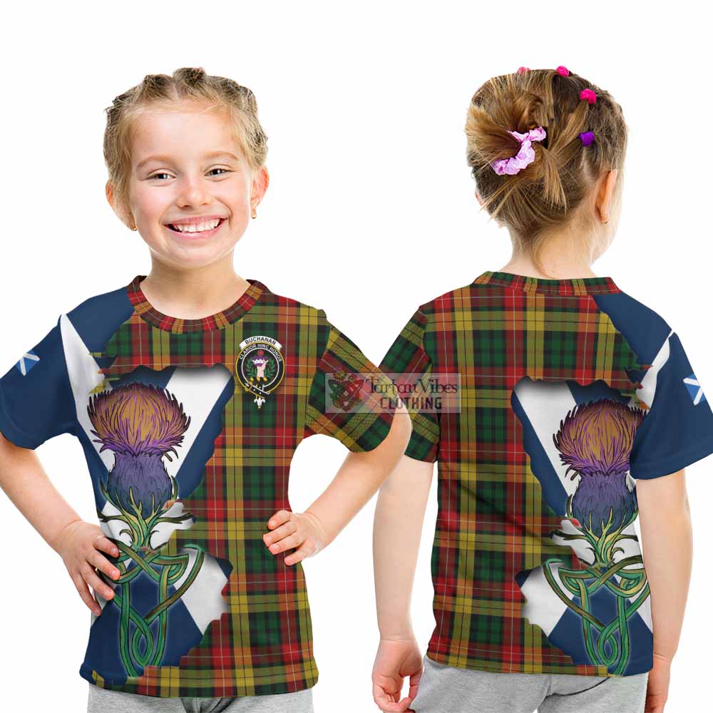 Tartan Vibes Clothing Buchanan Tartan Family Crest Kid T-Shirt Scottish Thistle Celtic Inspired