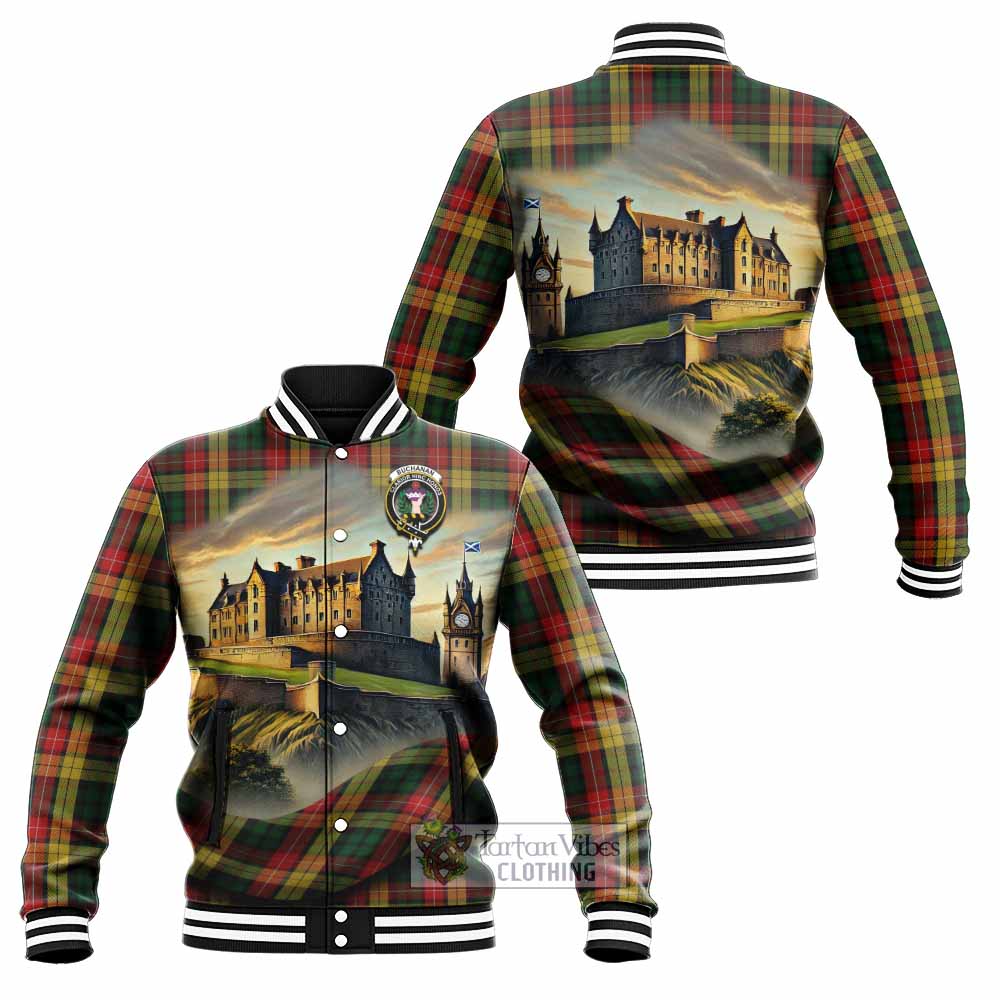 Tartan Vibes Clothing Buchanan Tartan Family Crest Baseball Jacket with Scottish Ancient Castle Style