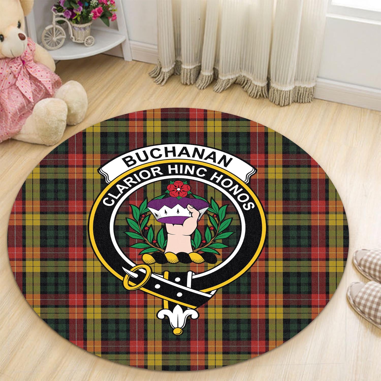 Buchanan Tartan Round Rug with Family Crest - Tartanvibesclothing