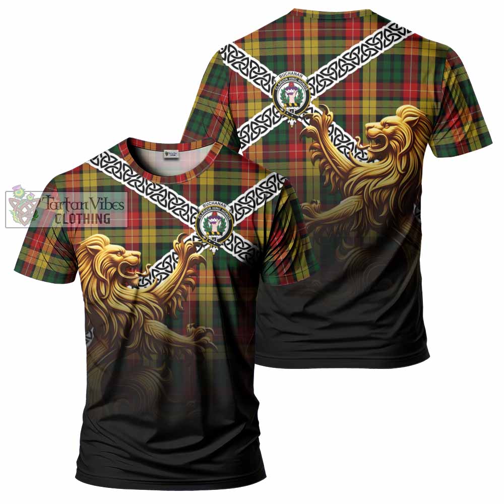 Tartan Vibes Clothing Buchanan Crest Tartan T-Shirt with Golden Lion Emblem Celtic Style