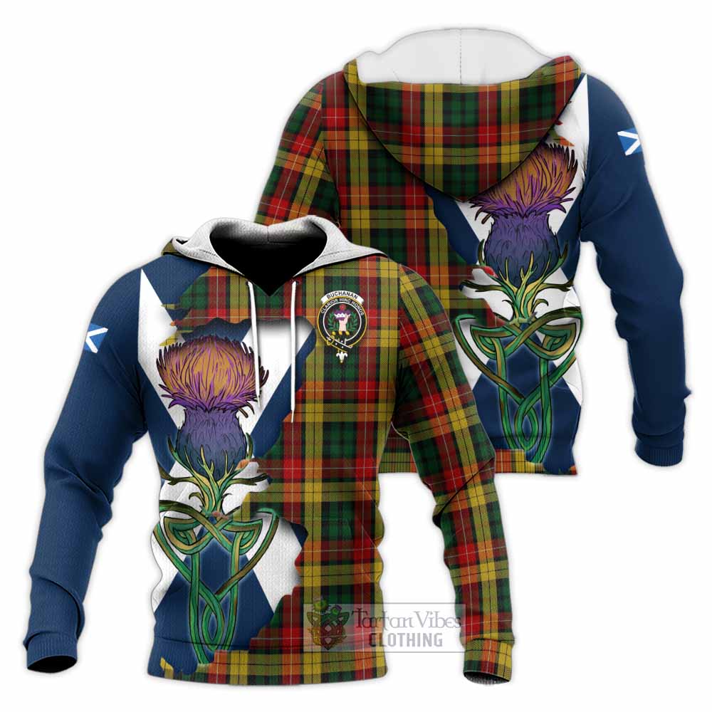 Tartan Vibes Clothing Buchanan Tartan Family Crest Knitted Hoodie Scottish Thistle Celtic Inspired