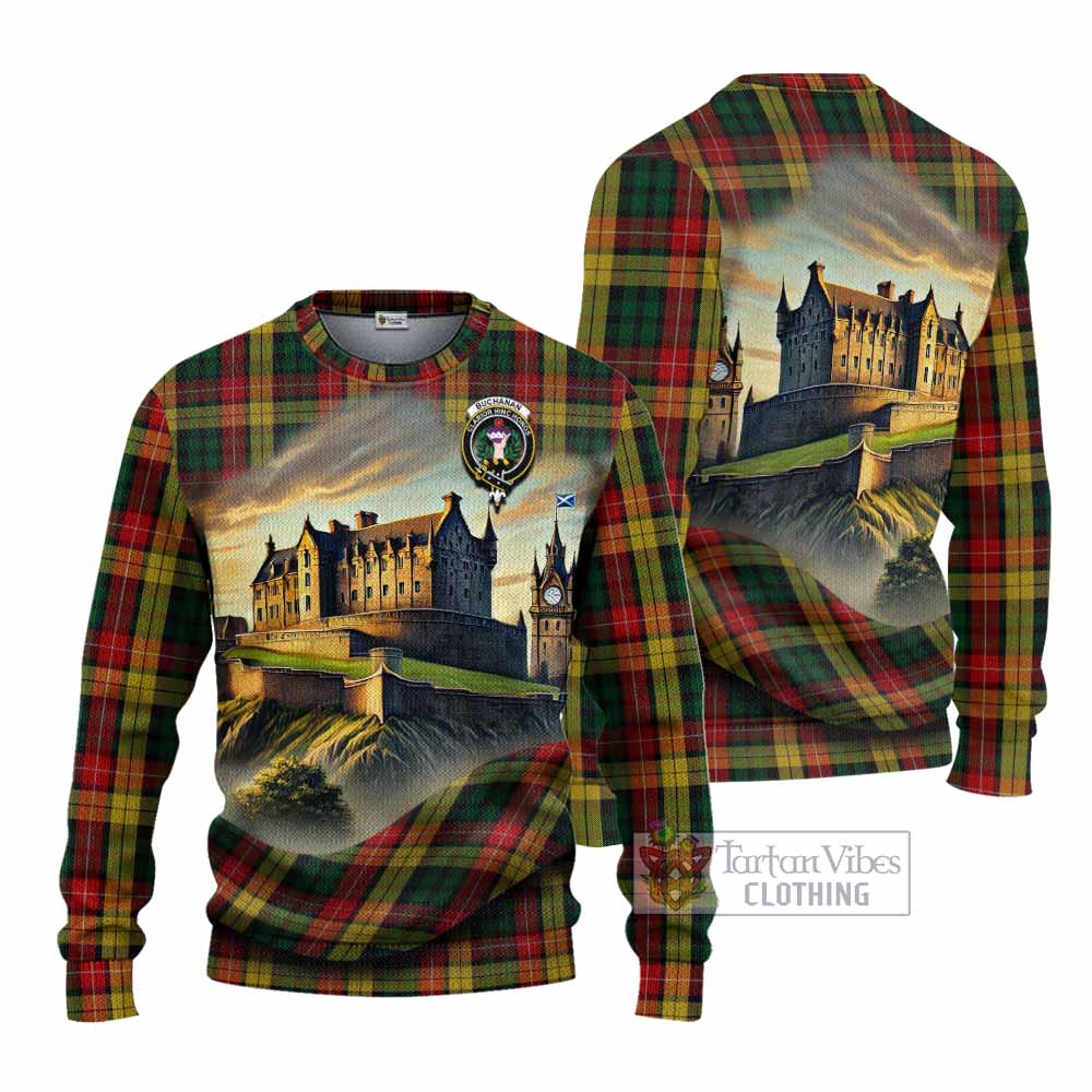 Tartan Vibes Clothing Buchanan Tartan Family Crest Knitted Sweater with Scottish Ancient Castle Style