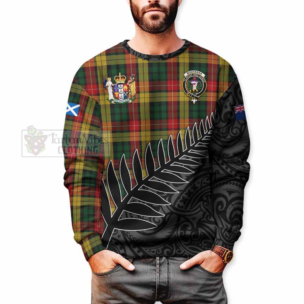 Tartan Vibes Clothing Buchanan Crest Tartan Sweatshirt with New Zealand Silver Fern Half Style