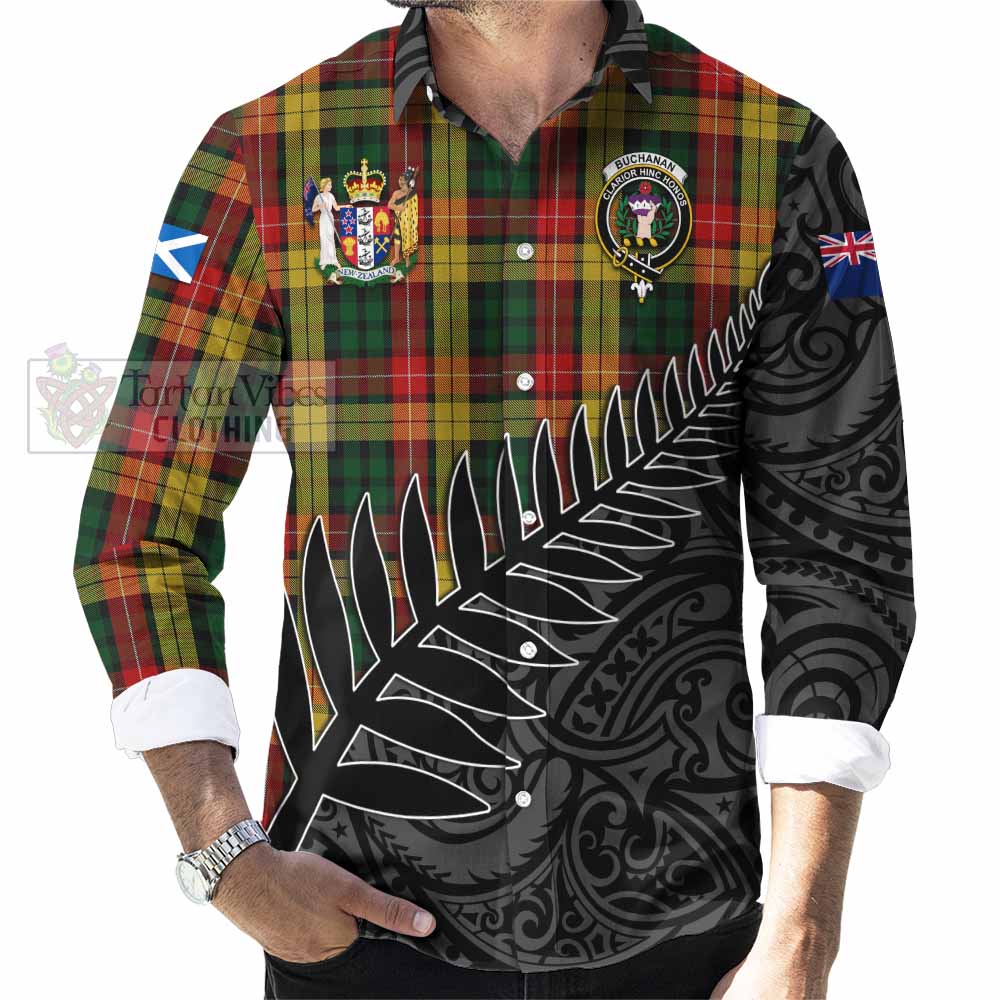 Tartan Vibes Clothing Buchanan Crest Tartan Long Sleeve Button Shirt with New Zealand Silver Fern Half Style