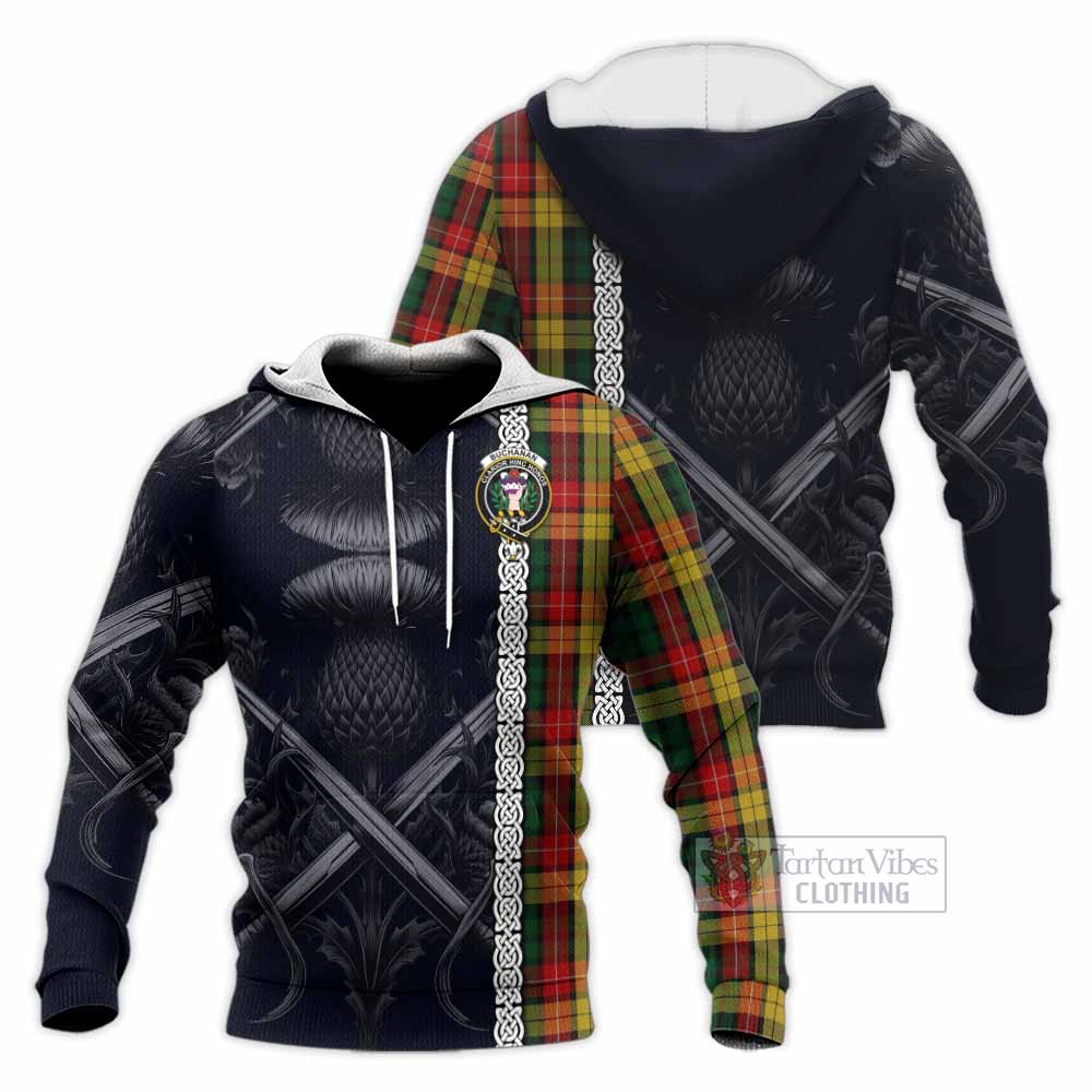 Tartan Vibes Clothing Buchanan Tartan Knitted Hoodie with Family Crest Cross Sword Thistle Celtic Vibes