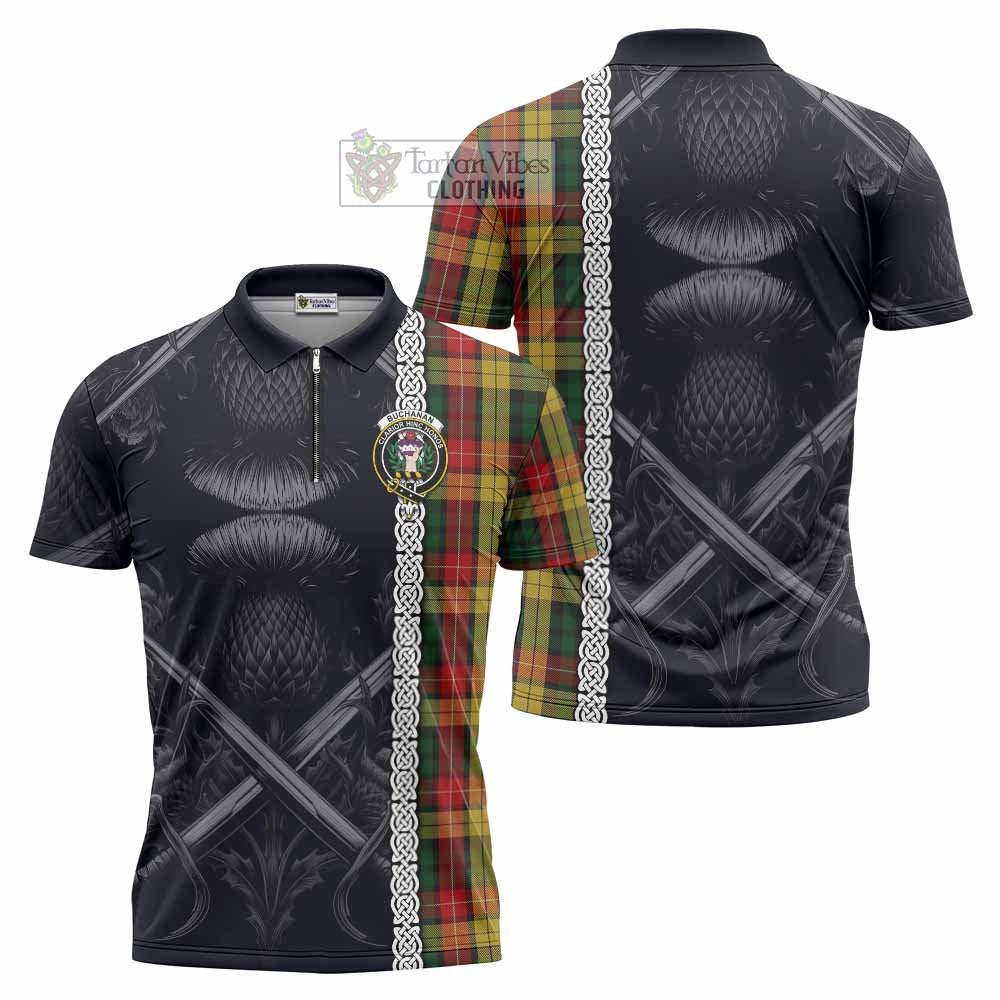 Tartan Vibes Clothing Buchanan Tartan Zipper Polo Shirt with Family Crest Cross Sword Thistle Celtic Vibes