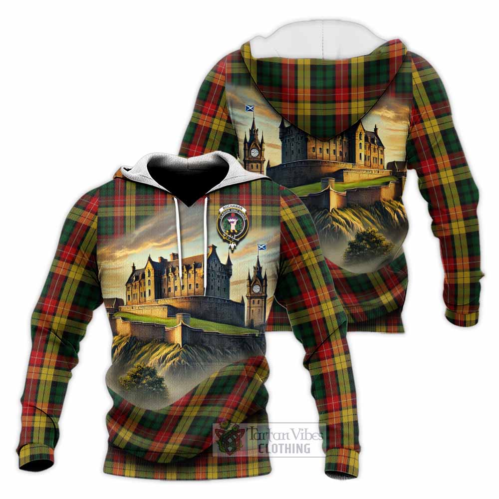 Tartan Vibes Clothing Buchanan Tartan Family Crest Knitted Hoodie with Scottish Ancient Castle Style