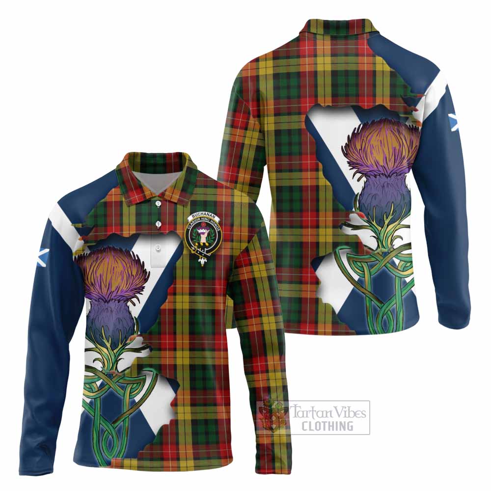 Tartan Vibes Clothing Buchanan Tartan Family Crest Long Sleeve Polo Shirt Scottish Thistle Celtic Inspired