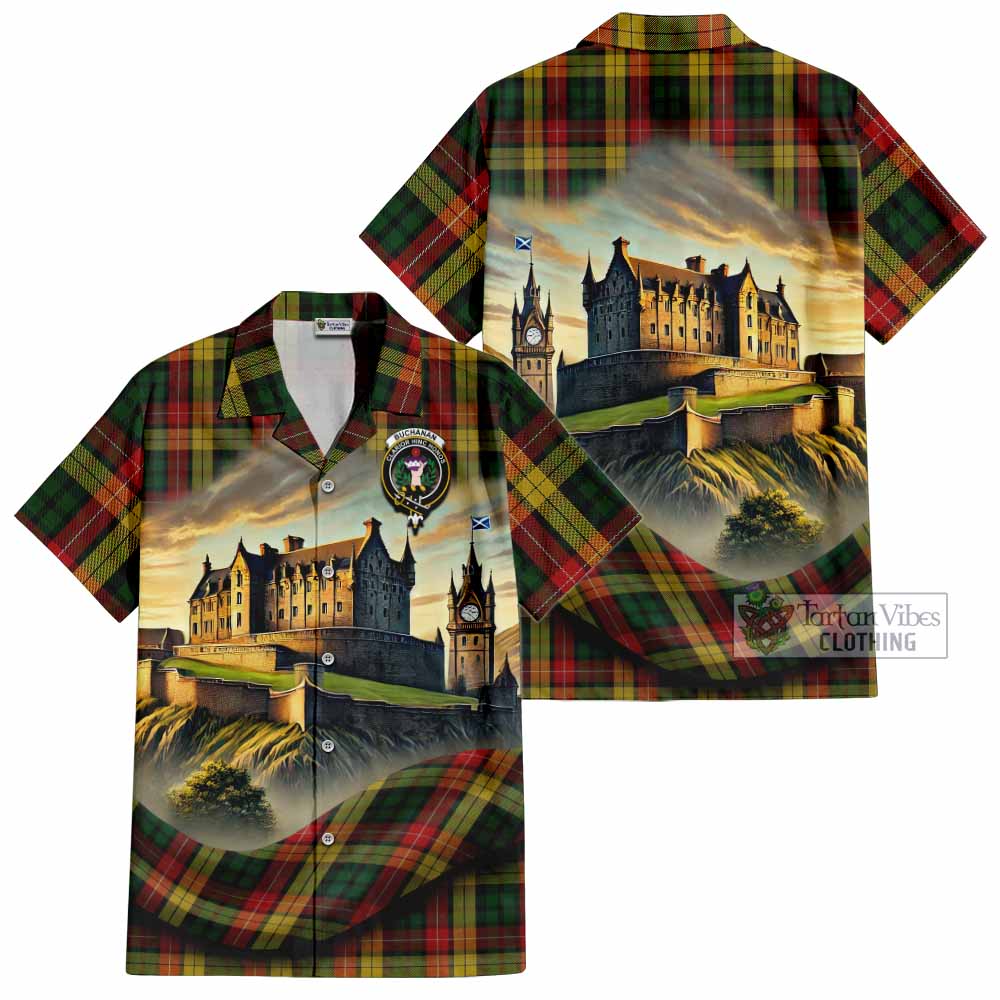 Tartan Vibes Clothing Buchanan Tartan Family Crest Short Sleeve Button Shirt with Scottish Ancient Castle Style