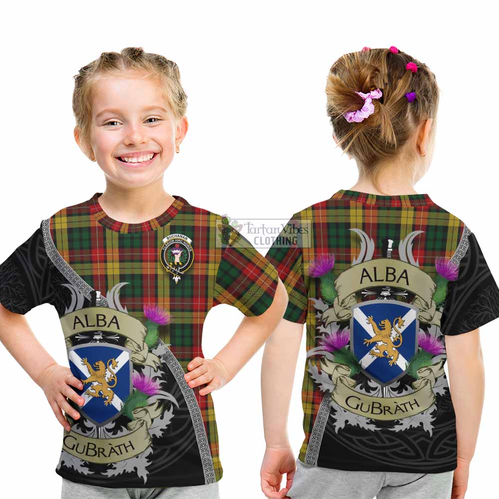 Tartan Vibes Clothing Buchanan Tartan Family Crest Kid T-Shirt Lion Rampant Royal Thistle Shield Celtic Inspired