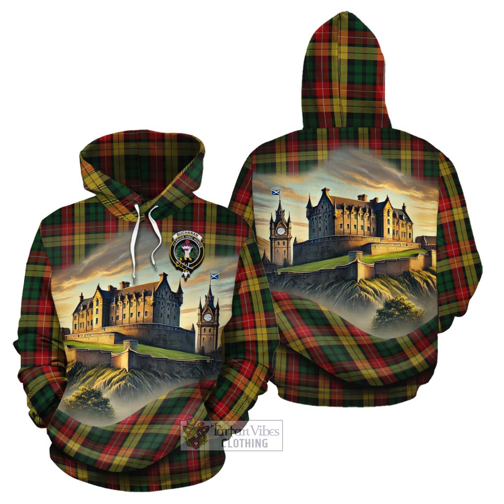 Tartan Vibes Clothing Buchanan Tartan Family Crest Cotton Hoodie with Scottish Ancient Castle Style