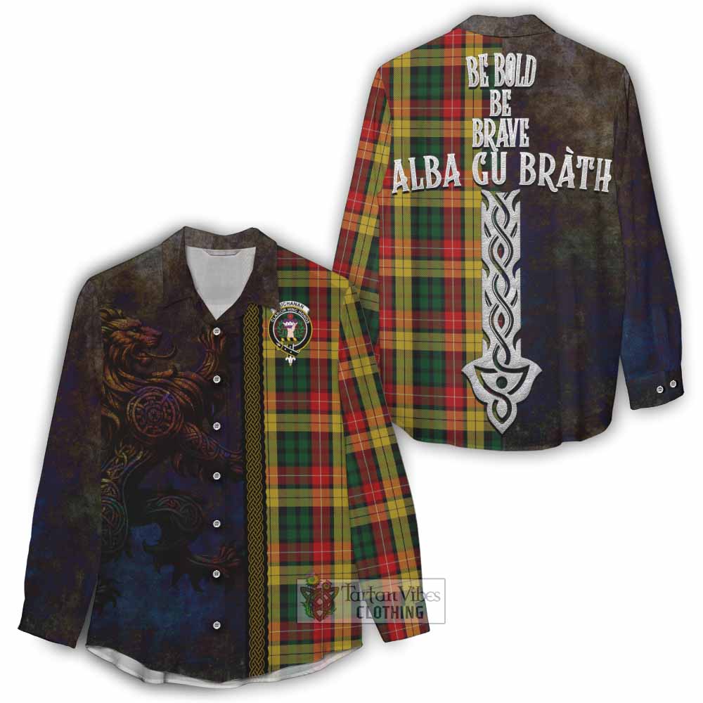 Tartan Vibes Clothing Buchanan Tartan Family Crest Women's Casual Shirt Alba Gu Brath Be Brave Lion Ancient Style