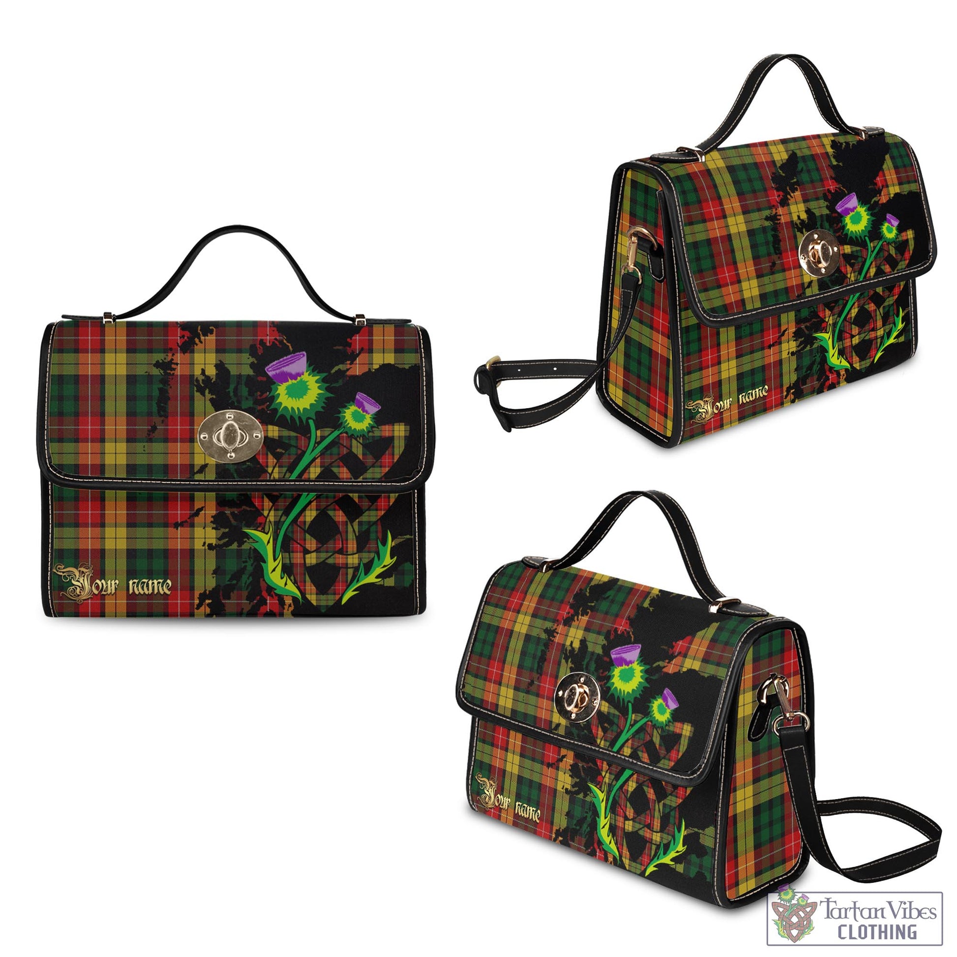 Buchanan Tartan Waterproof Canvas Bag with Scotland Map and Thistle Celtic Accents - Tartan Vibes Clothing