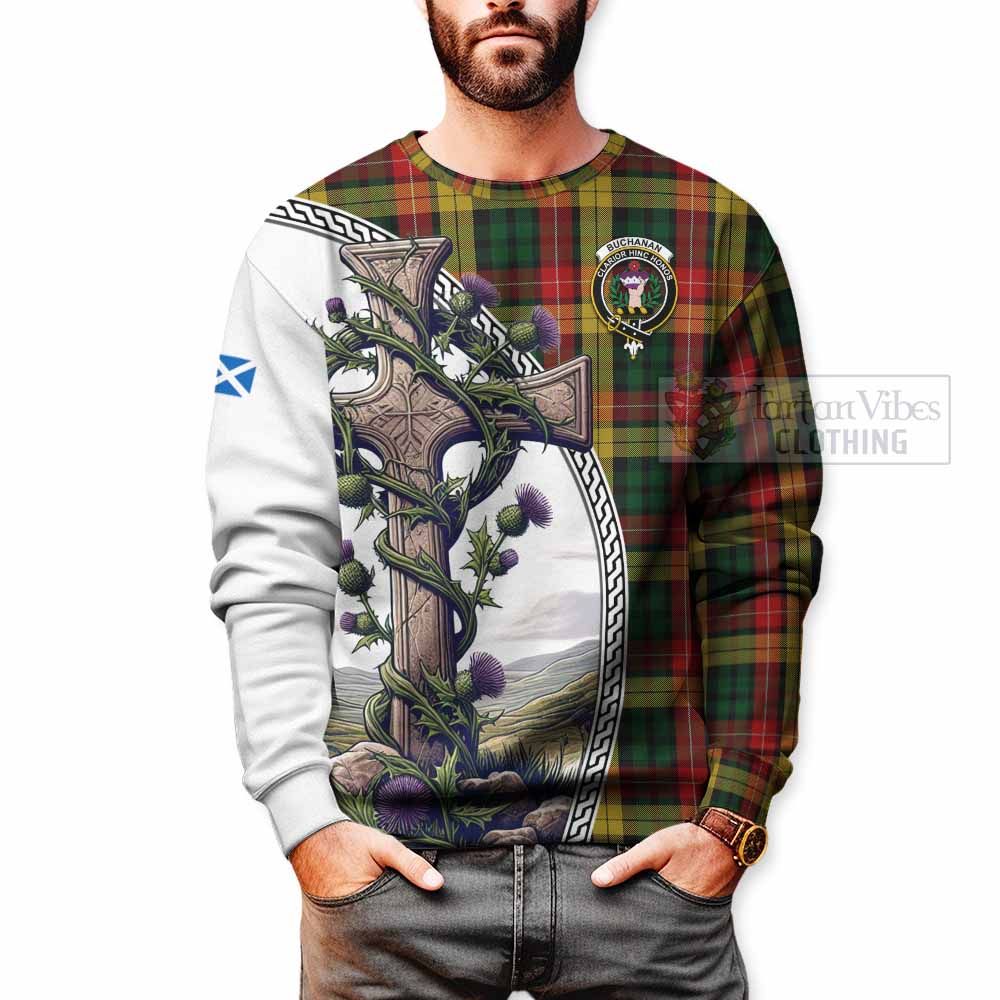 Tartan Vibes Clothing Buchanan Tartan Sweatshirt with Family Crest and St. Andrew's Cross Accented by Thistle Vines
