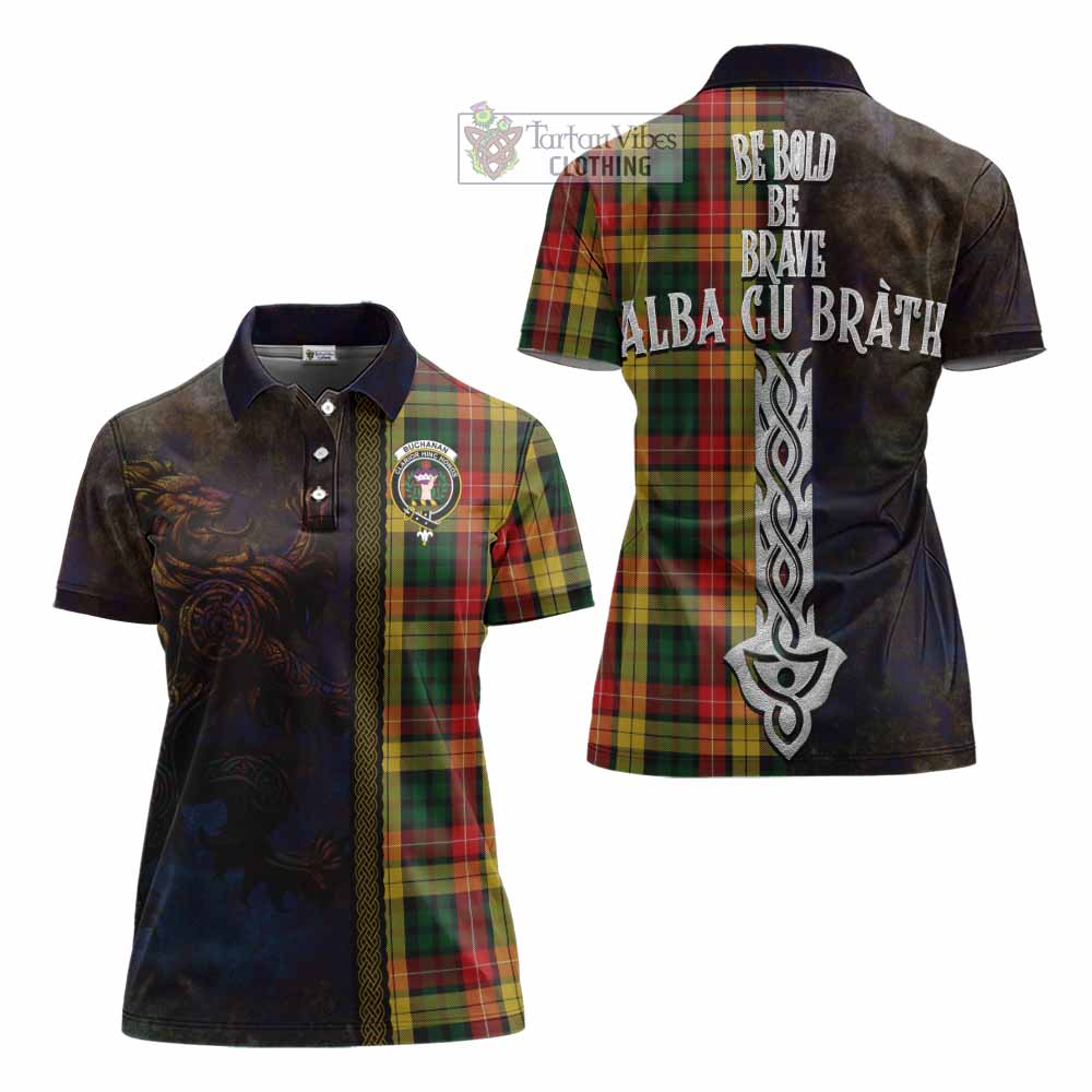 Tartan Vibes Clothing Buchanan Tartan Family Crest Women's Polo Shirt Alba Gu Brath Be Brave Lion Ancient Style
