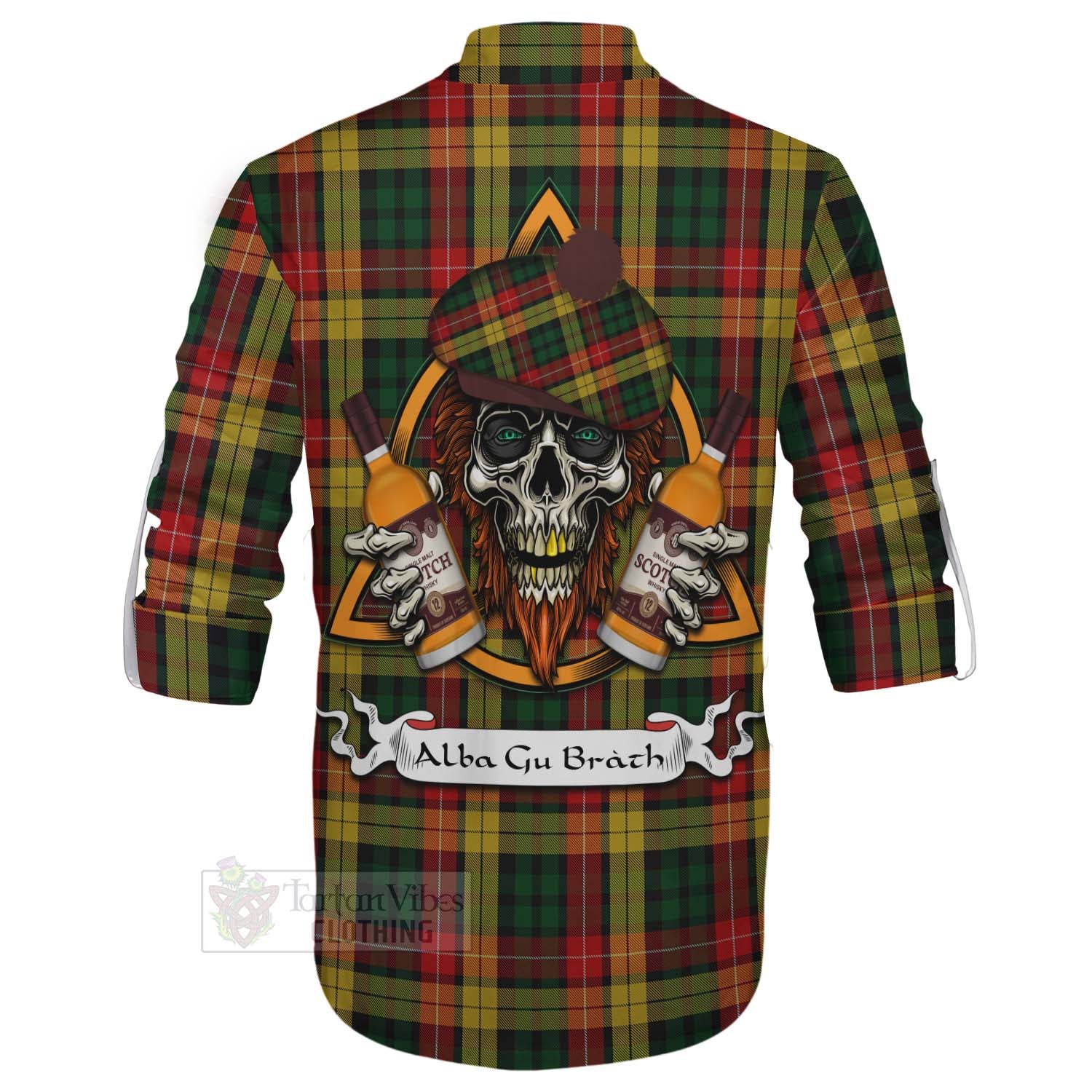 Tartan Vibes Clothing Buchanan Tartan Ghillie Kilt Shirt with Family Crest and Bearded Skull Holding Bottles of Whiskey