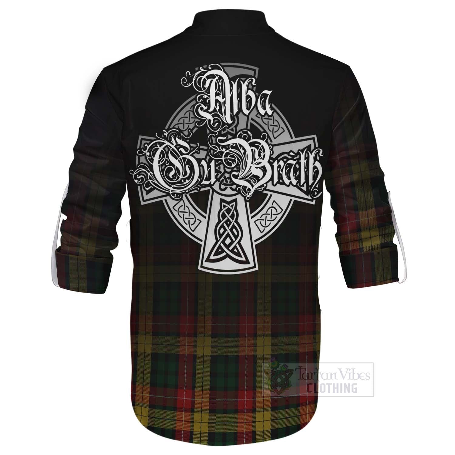 Tartan Vibes Clothing Buchanan Tartan Ghillie Kilt Shirt Featuring Alba Gu Brath Family Crest Celtic Inspired