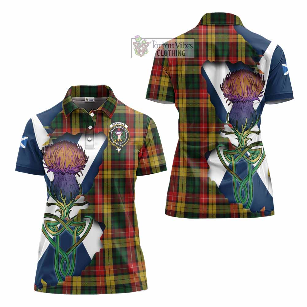 Tartan Vibes Clothing Buchanan Tartan Family Crest Women's Polo Shirt Scottish Thistle Celtic Inspired