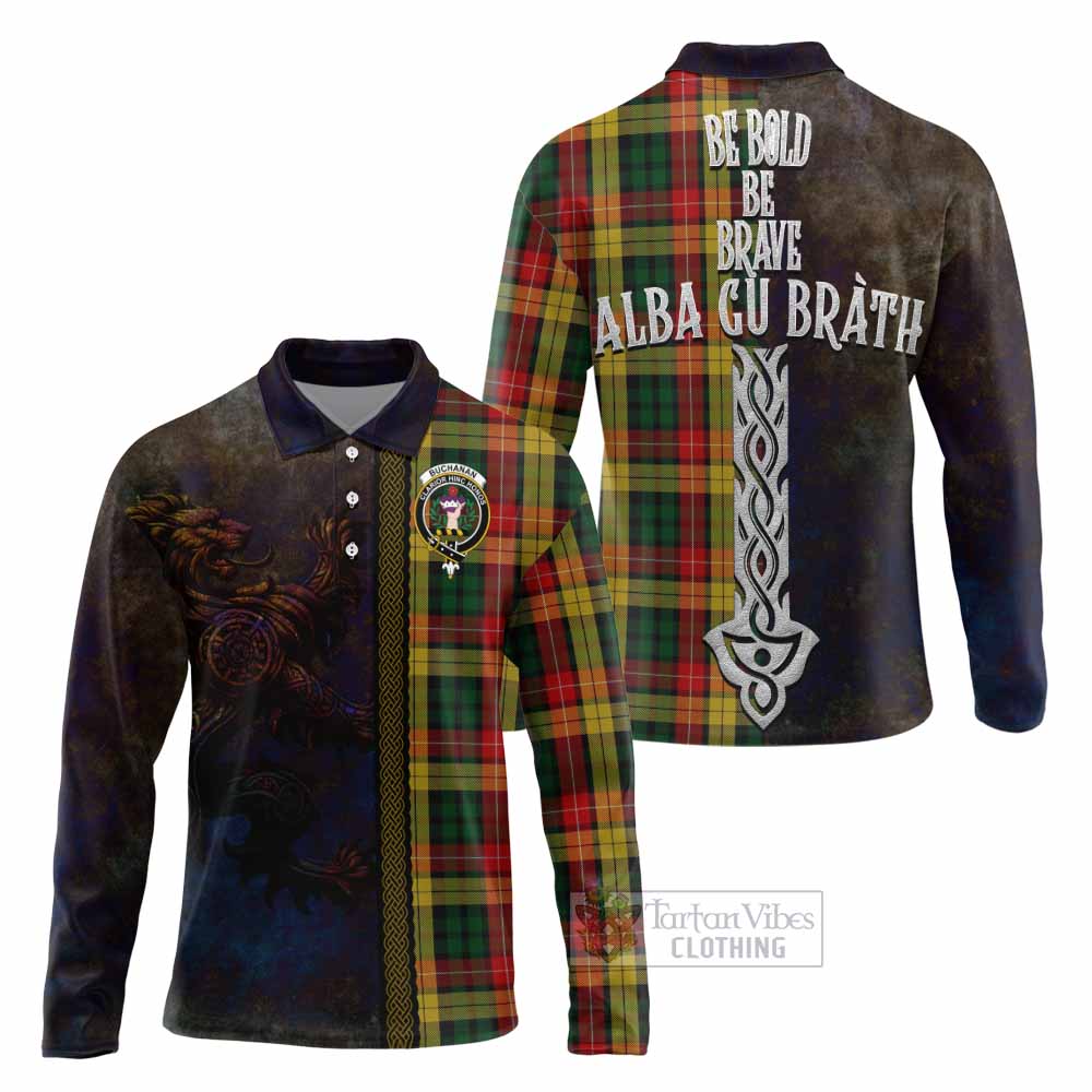 Tartan Vibes Clothing Buchanan Tartan Family Crest Long Sleeve Polo Shirt Alba Gu Brath Be Brave Lion Ancient Style
