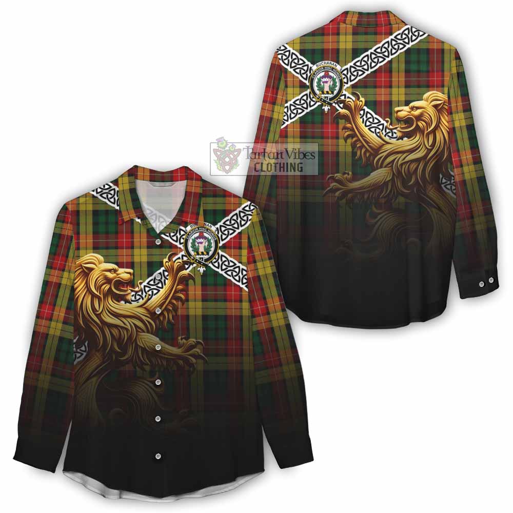 Tartan Vibes Clothing Buchanan Crest Tartan Women's Casual Shirt with Golden Lion Emblem Celtic Style