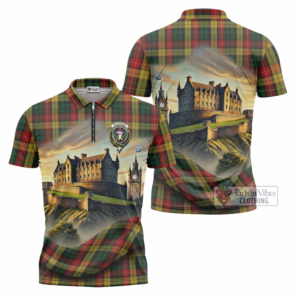 Tartan Vibes Clothing Buchanan Tartan Family Crest Zipper Polo Shirt with Scottish Ancient Castle Stype