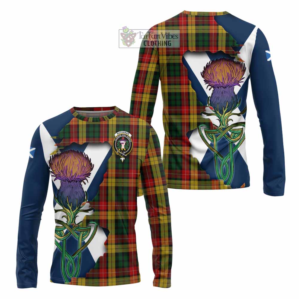 Tartan Vibes Clothing Buchanan Tartan Family Crest Long Sleeve T-Shirt Scottish Thistle Celtic Inspired