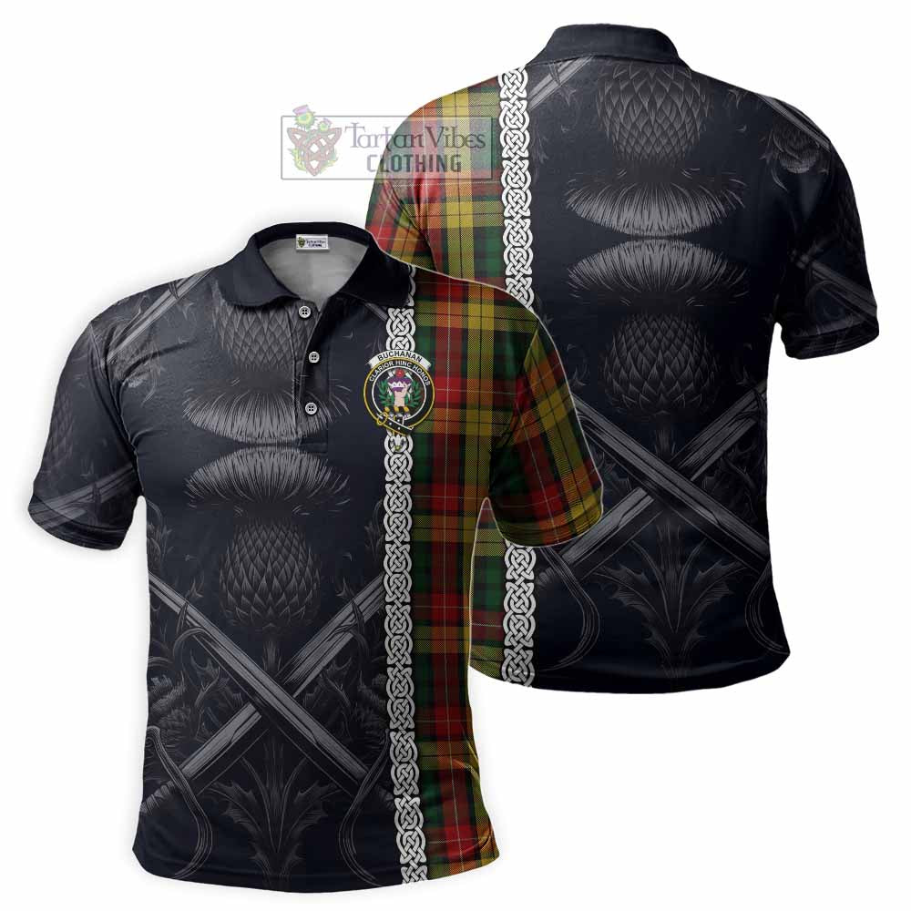 Tartan Vibes Clothing Buchanan Tartan Polo Shirt with Family Crest Cross Sword Thistle Celtic Vibes