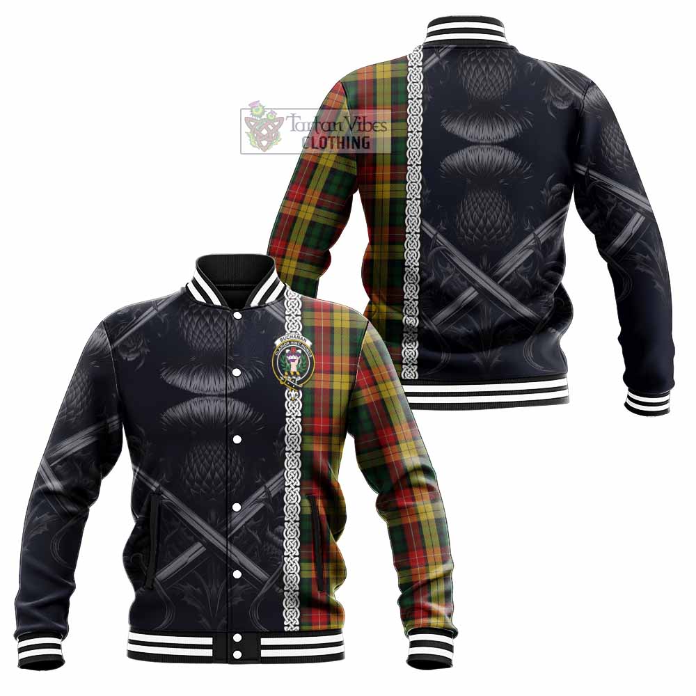 Tartan Vibes Clothing Buchanan Tartan Baseball Jacket with Family Crest Cross Sword Thistle Celtic Vibes