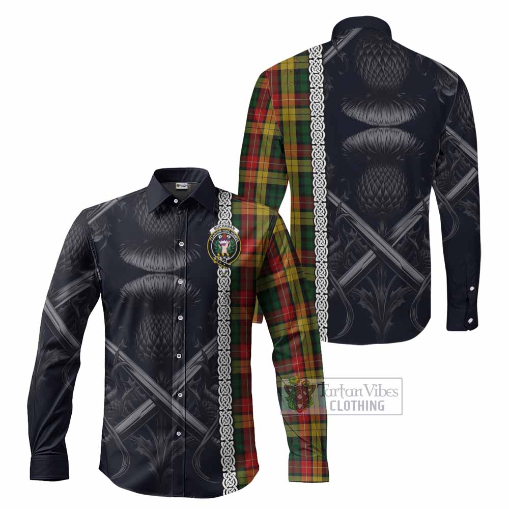 Tartan Vibes Clothing Buchanan Tartan Long Sleeve Button Shirt with Family Crest Cross Sword Thistle Celtic Vibes