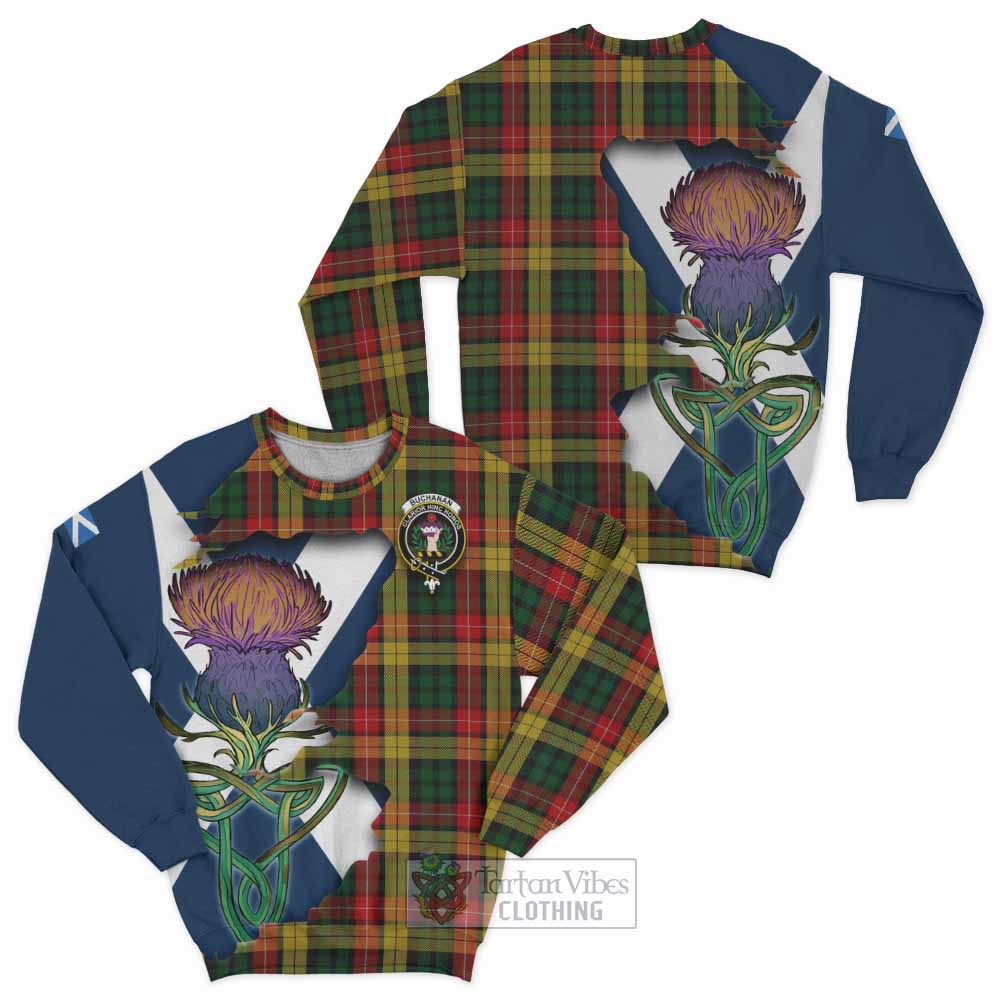 Tartan Vibes Clothing Buchanan Tartan Family Crest Sweatshirt Scottish Thistle Celtic Inspired