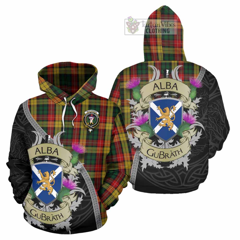 Tartan Vibes Clothing Buchanan Tartan Family Crest Hoodie Lion Rampant Royal Thistle Shield Celtic Inspired