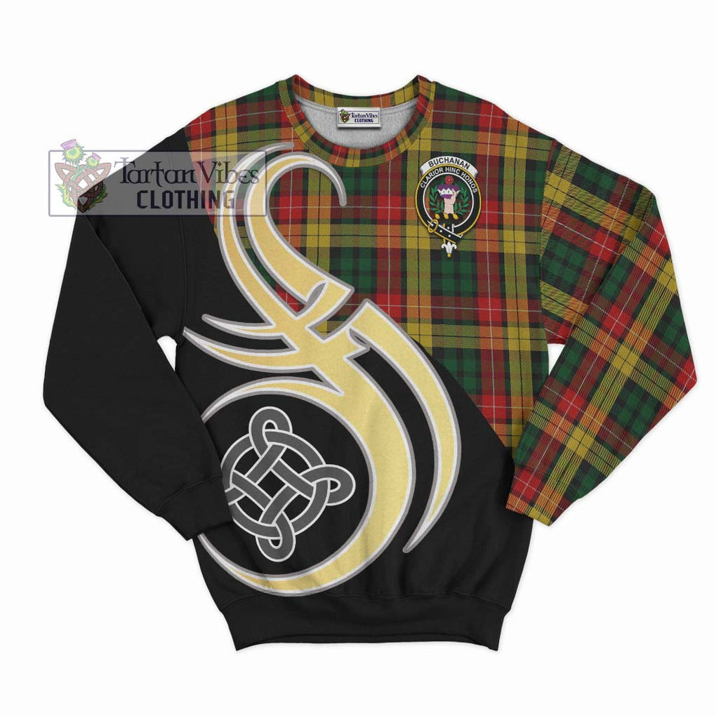 Buchanan Tartan Sweatshirt with Family Crest and Celtic Symbol Style - Tartan Vibes Clothing