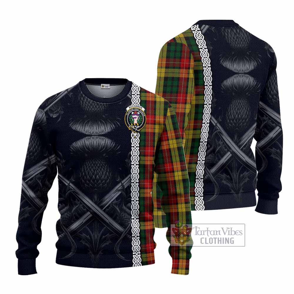 Tartan Vibes Clothing Buchanan Tartan Knitted Sweater with Family Crest Cross Sword Thistle Celtic Vibes