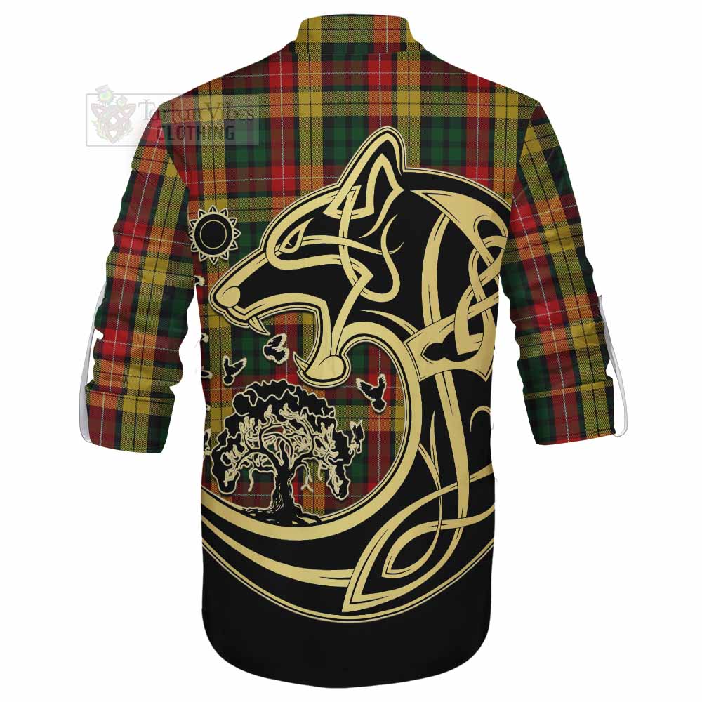 Tartan Vibes Clothing Buchanan Tartan Ghillie Kilt Shirt with Family Crest Celtic Wolf Style